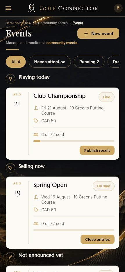 Events section with Manage events